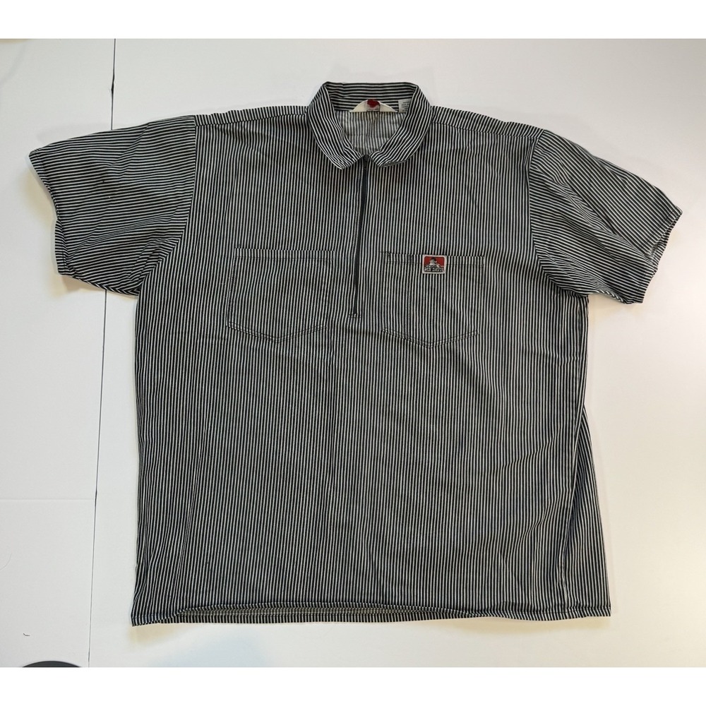 Ben Davis Vintage Shirt XXL Black White Hickory Stripe Short Sleeve 1/2 Zip
